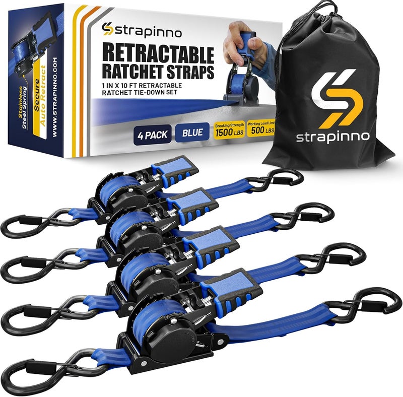Strapinno Retractable Ratchet Straps 1 in x 10 ft, Secure Tie-Downs with Rubber-Coated Steel Handles, for Motorcycle, Jetski, Kayak, Breaking Strength 1,500LBS/680KG - Image 1